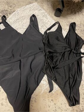 Lot of 2 Black One-Piece Maternity Swimsuits and white sarong